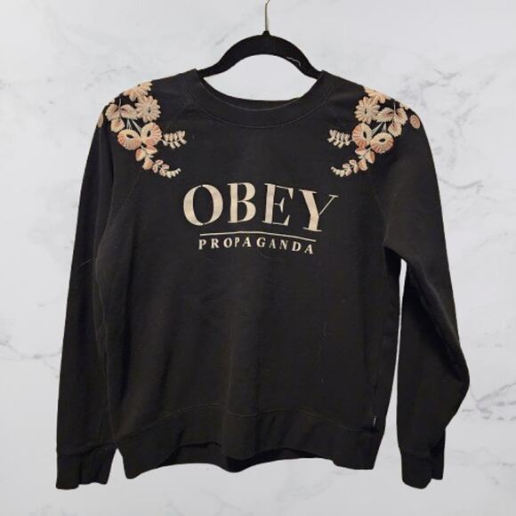 OBEY Propaganda Embroidered floral crewneck black sweatshirt size small - Picture 1 of 7